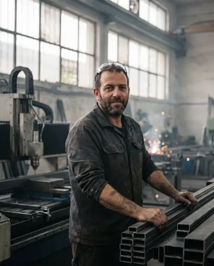 בעל מסגרייה קטנה ליד מכונת CNC ופרופילי פלדה